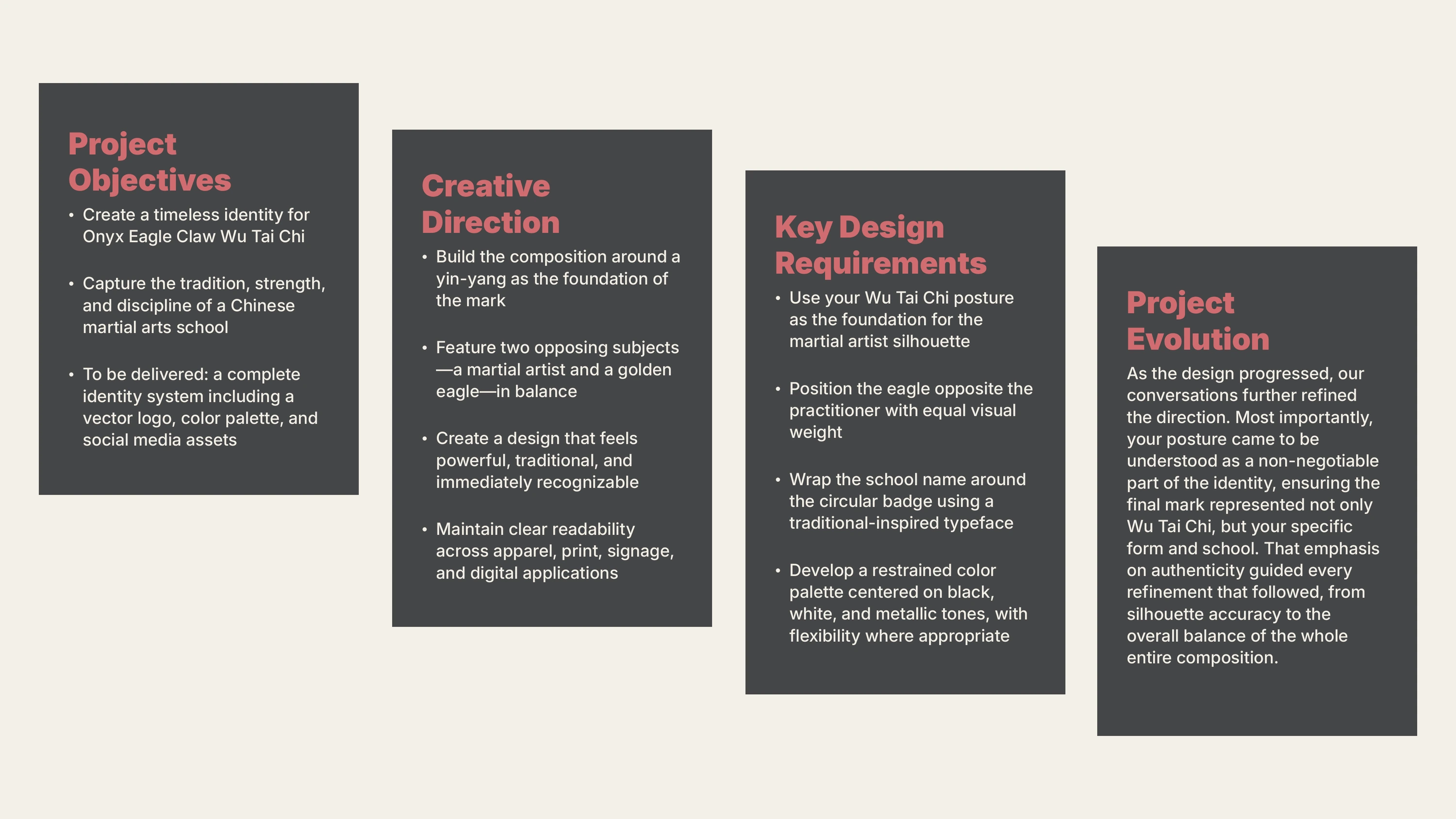 Round 1 project brief showing Project Objectives, Creative Direction, Key Design Requirements, and Project Evolution in four stepped panels.