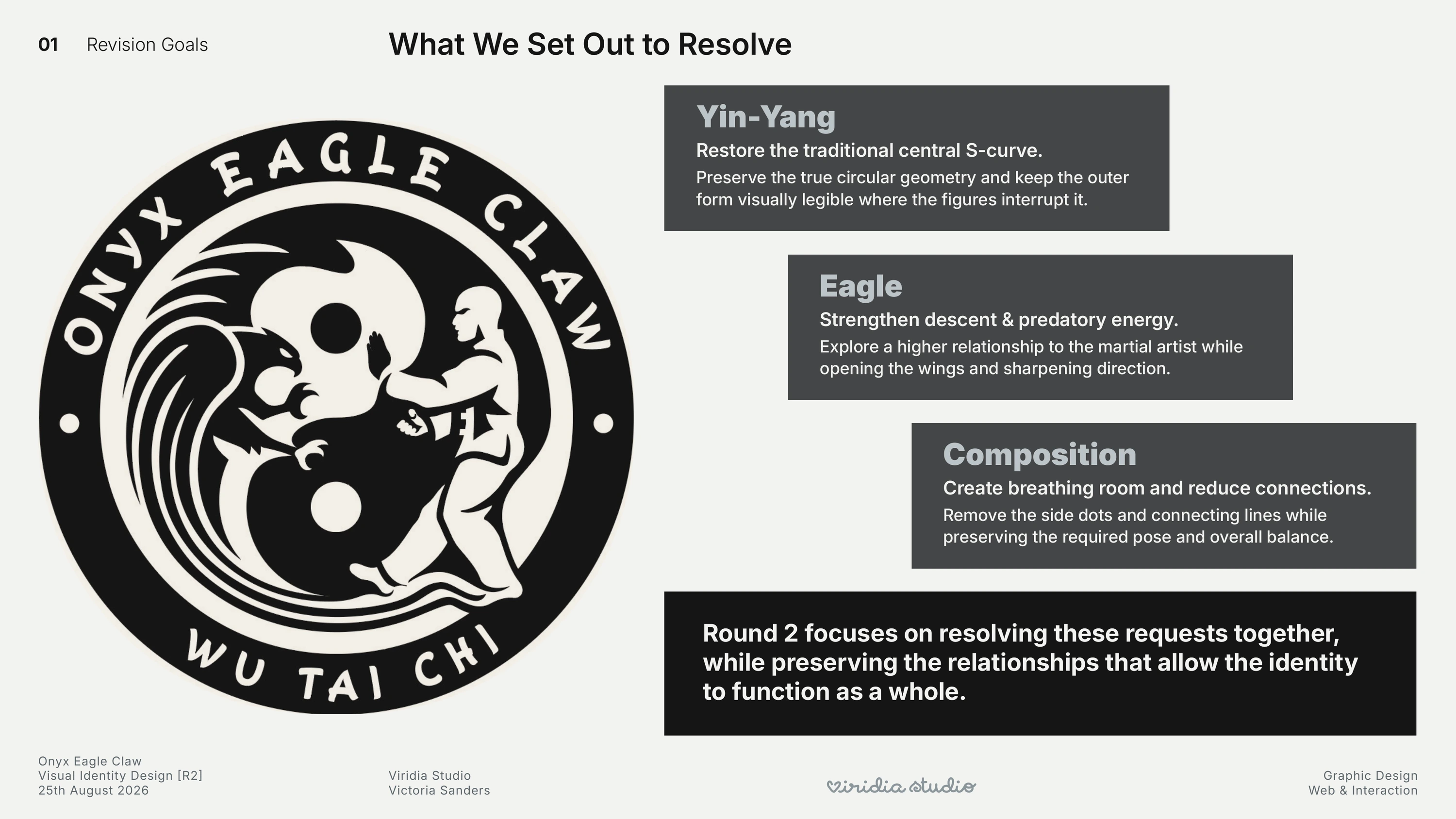 Round 2 revision goals slide organizing feedback into Yin-Yang, Eagle, and Composition goals.